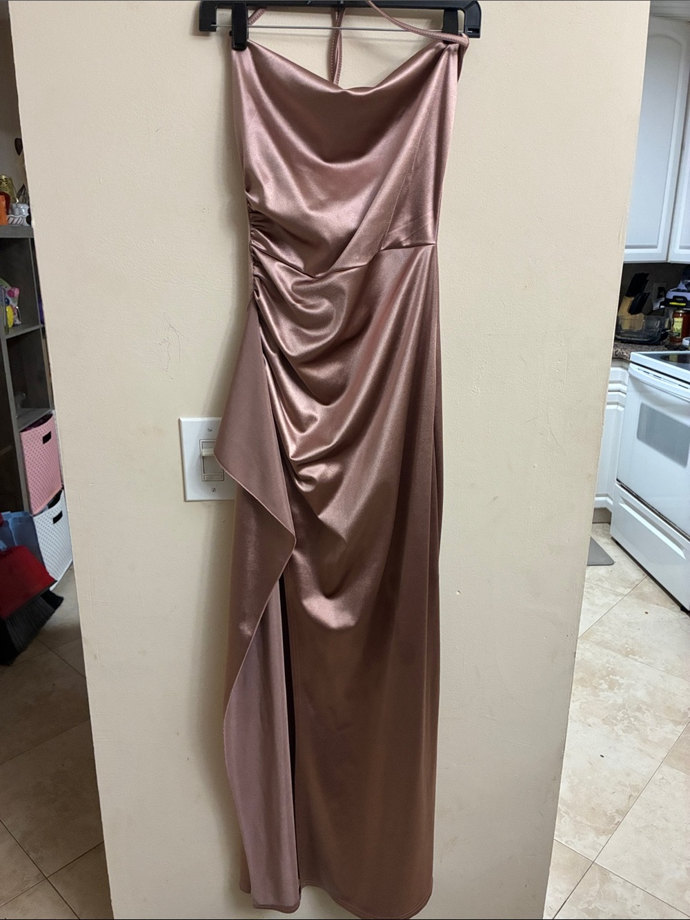 Satin Cowl Neck Rose Gold Evening Dress size S
